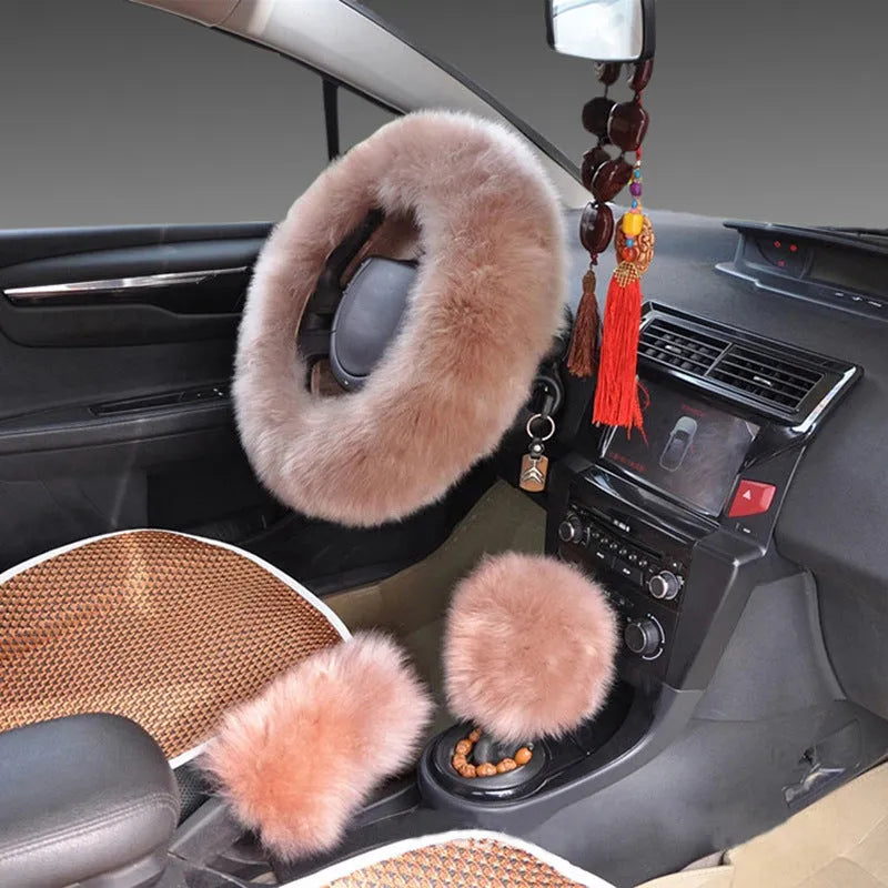 Wool and cashmere steering wheel cover set with matching handle covers in business style
