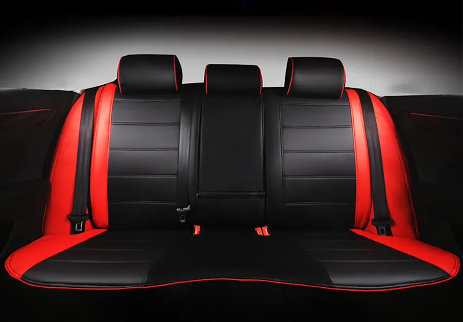 Single-piece cow leather car seat cover in binding style, shown in beige and black with red colour options.