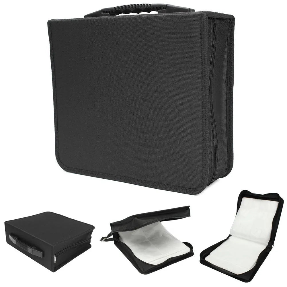 Black Oxford fabric CD storage organiser binder with zipper closure and top hand strap