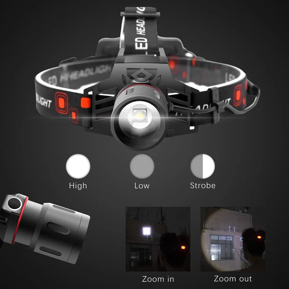 Rechargeable T6 LED zoom headlamp showing white, red, and green light modes on a head strap.