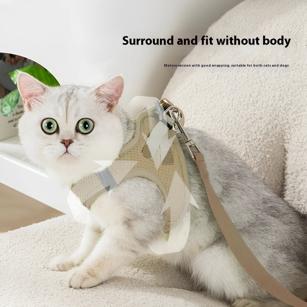Brown cloth cat harness with integrated chest strap and leash for small cats.