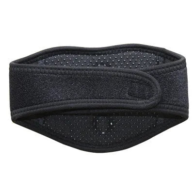 Black self-heating magnetic neck guard with adjustable shoulder strap.