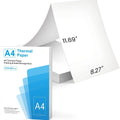 A4 thermal printer paper sheets in white with packaging options showing 100 or 200 sheet quantities