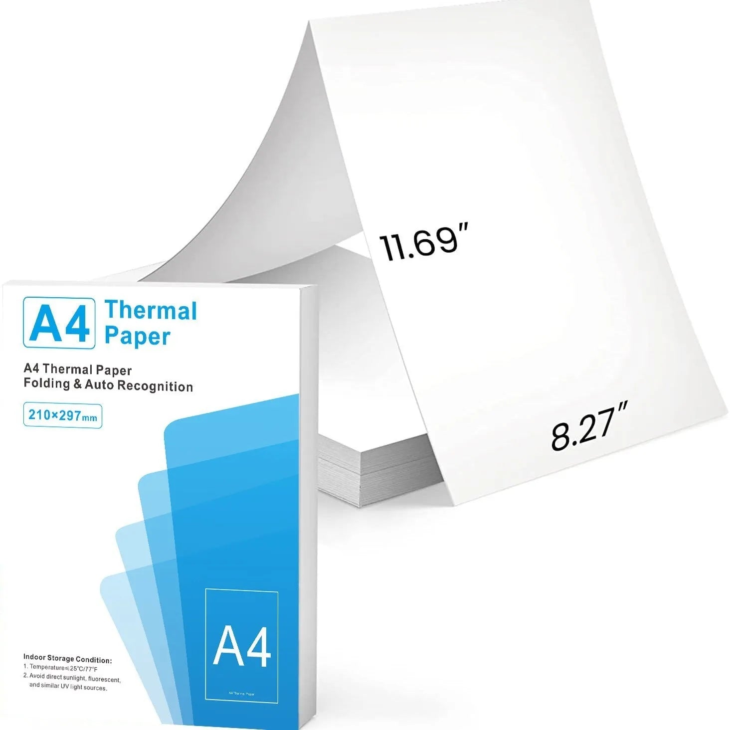 A4 thermal printer paper sheets in white with packaging options showing 100 or 200 sheet quantities