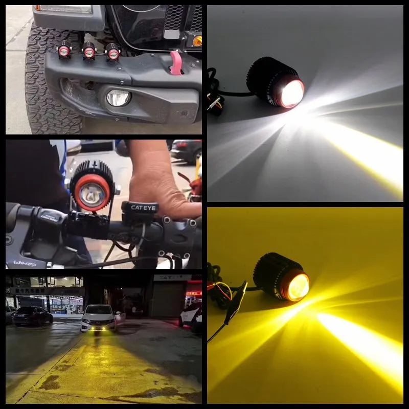 Small steel cannon 30W dual-color LED spotlight with red housing, copper heat strip, and fan, for motorcycle car SUV