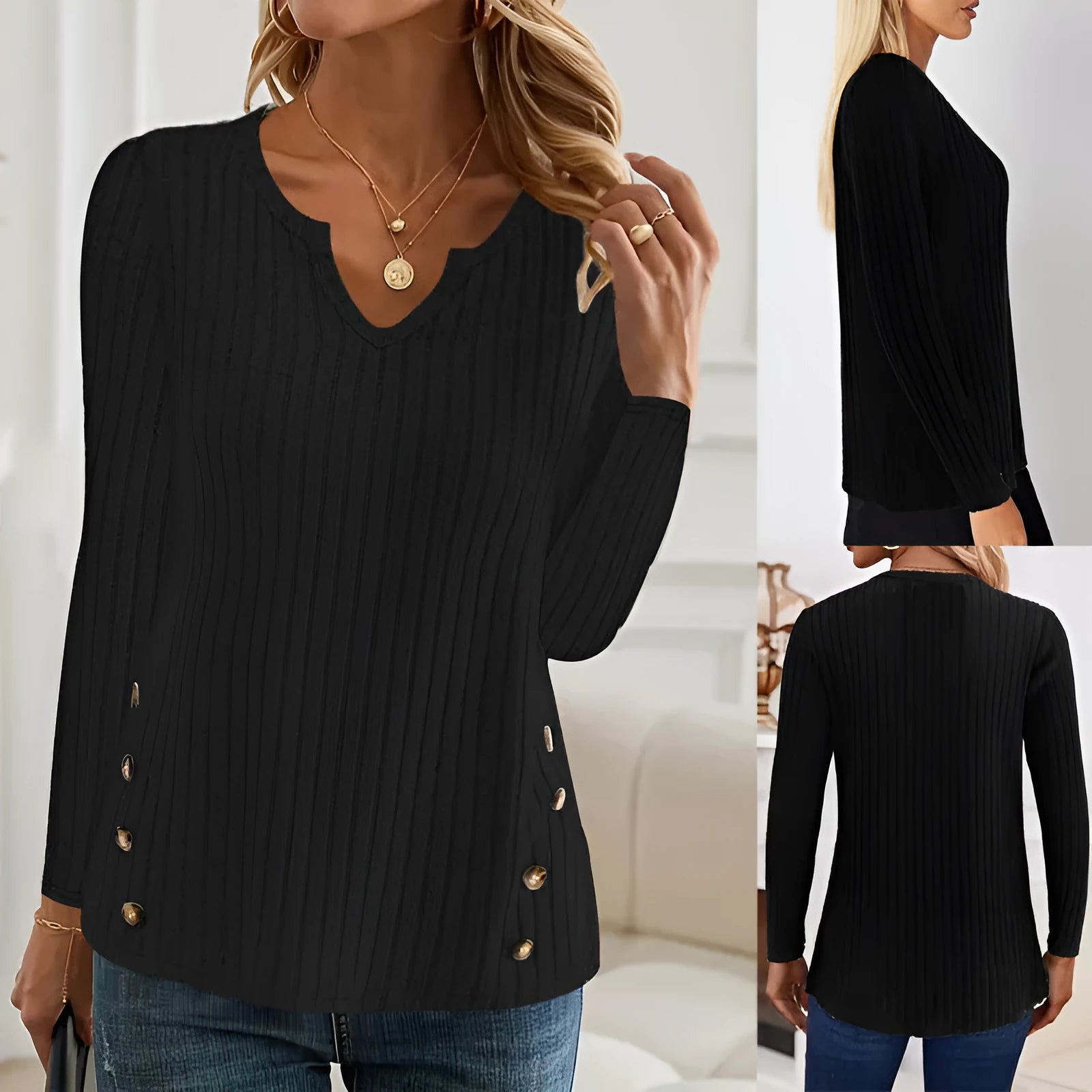 Casual grey green knitted pullover sweater with button fastening detail on the front.