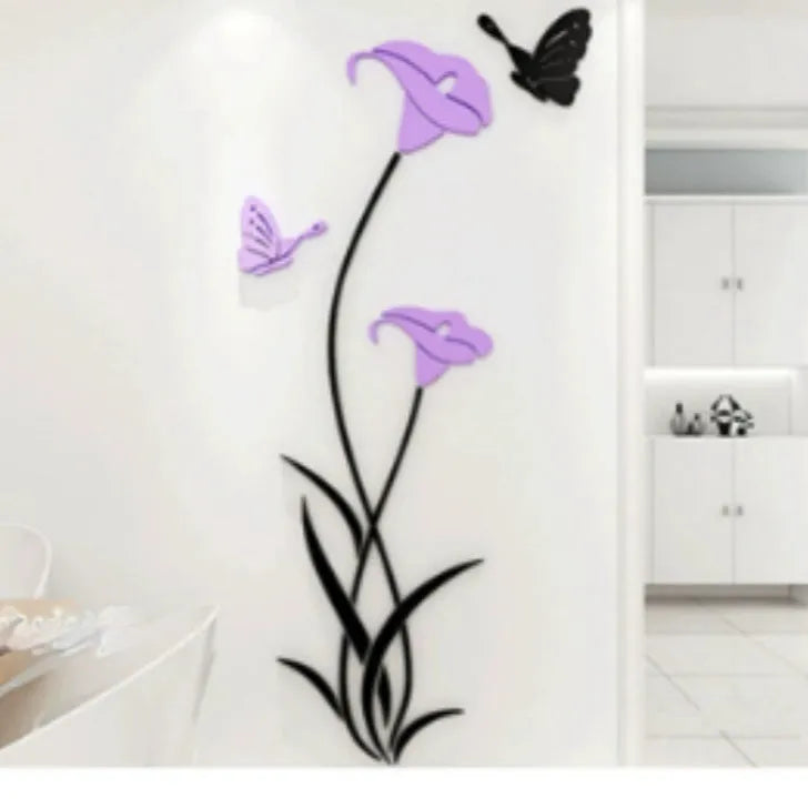 Three-dimensional acrylic lily flower wall sticker in pink colour with realistic petal detail