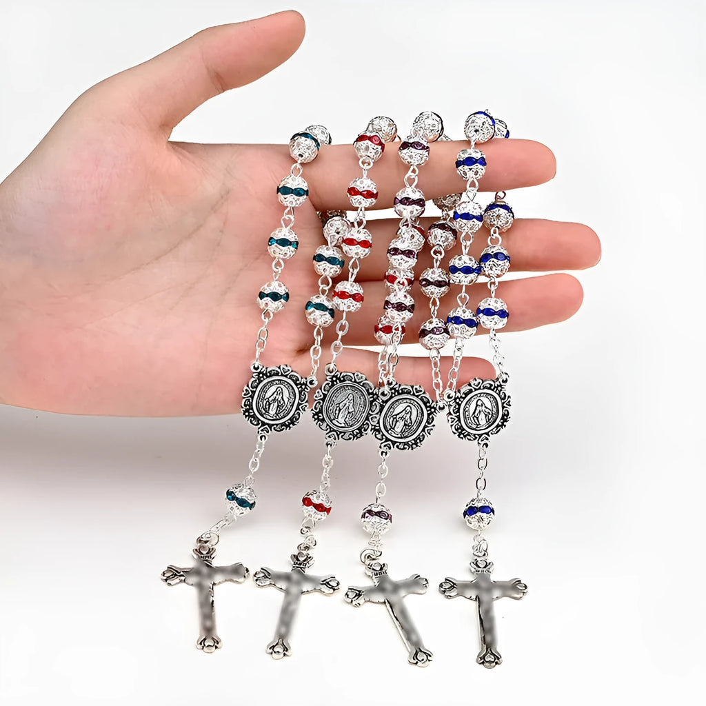 Virgin Mary cross shaped glass and alloy car hanging ornament with ball bead chain