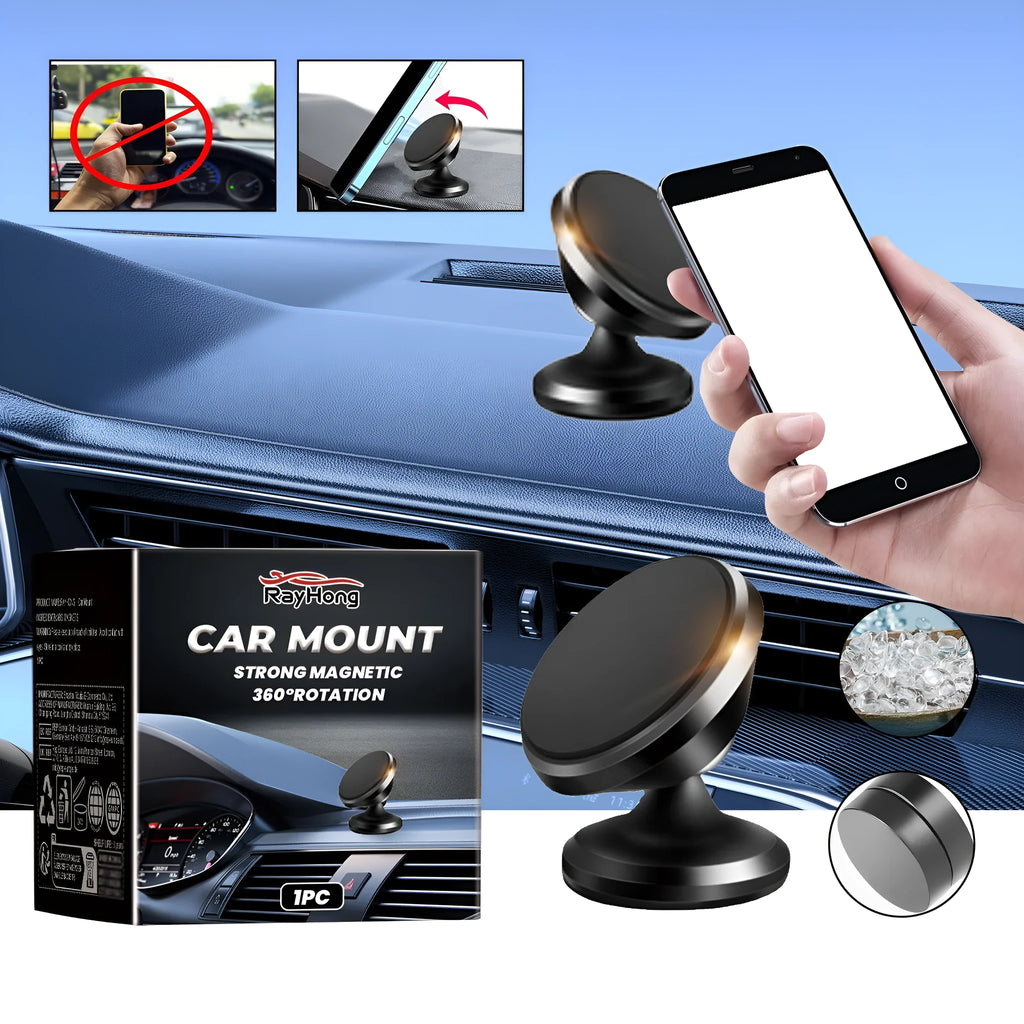 Magnetic car foldable phone holder in black ABS with dimensions 3.2x3.5cm on a car dashboard