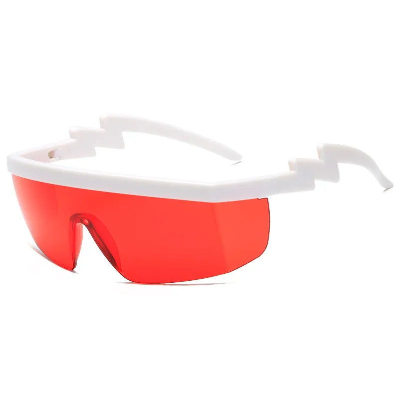 One-piece sports sunglasses with lightning leg design in black frame with blue PC lenses