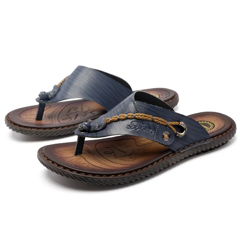 Men's dark blue herringbone pattern outdoor slippers with a rubber sole, shown in a large size.