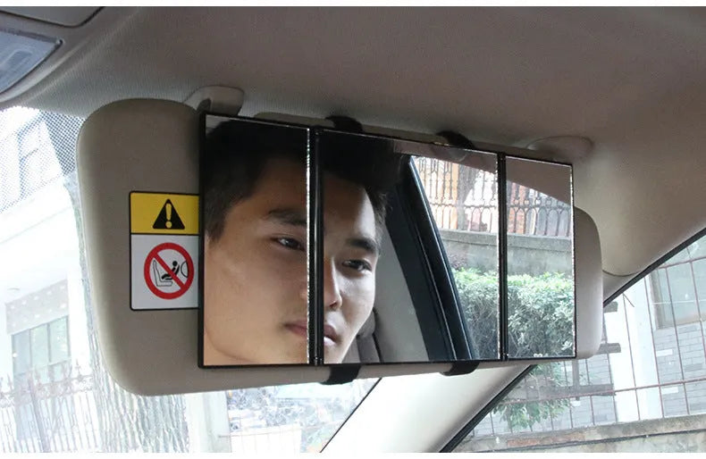 Silver car folding makeup mirror shown open and closed, demonstrating its size change.