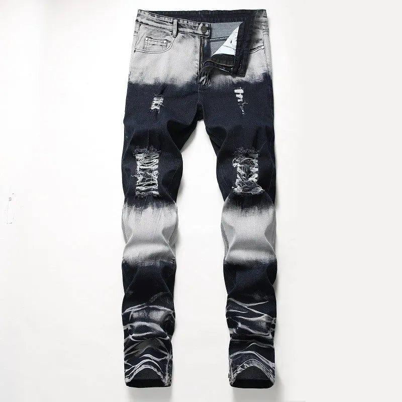 Men's blue and white faded cotton denim jeans with distressed worn finish, straight leg style