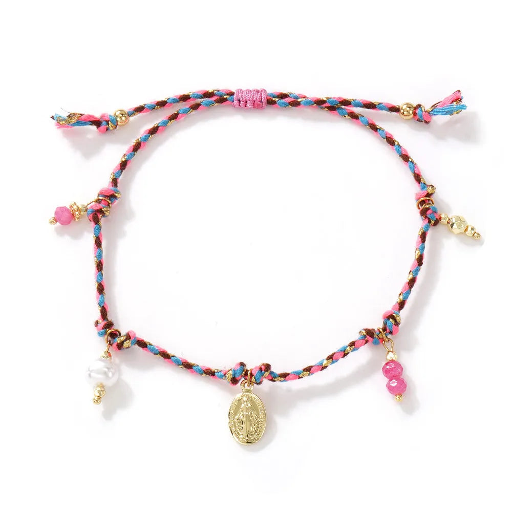 Hand-woven colourful braided rope bracelet with ethnic strap tag design for women