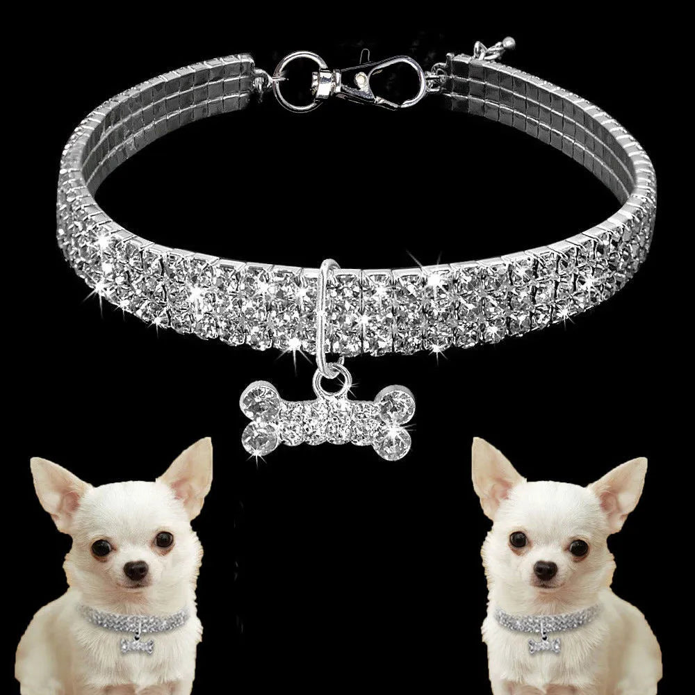 Bling rhinestone dog collar in pink with metal crystal pendant on a Chihuahua