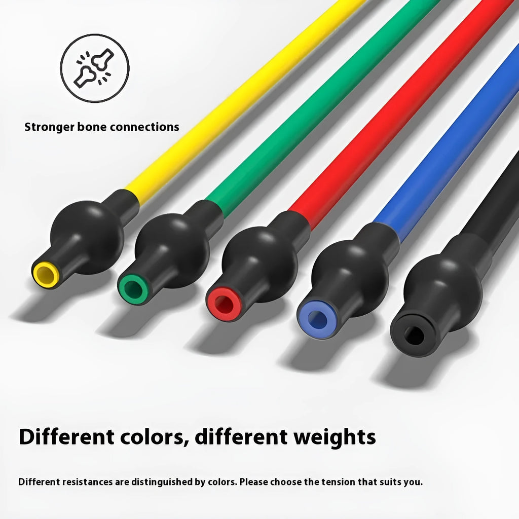 Adjustable chest expander with TPE tension rope in yellow, green, red, blue, and black colour options representing 10LB to 30LB resistance.