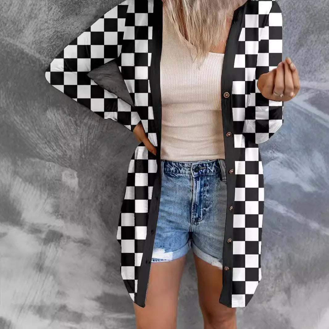 Women's long plaid knitted cardigan coat in polyester fabric with street fashion styling