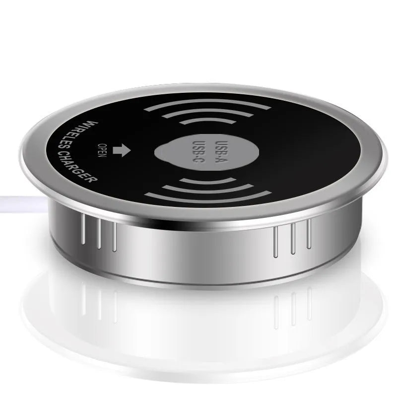 Black desktop embedded Qi wireless charger showing flush installation on a desk surface requiring 60mm hole