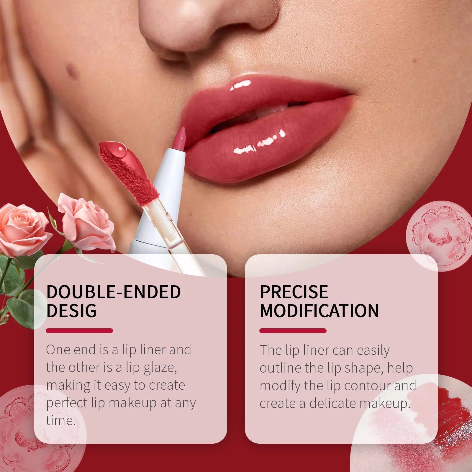 Double-headed lip liner and lip lacquer pen showing precision applicator tips for matte lip definition and colour