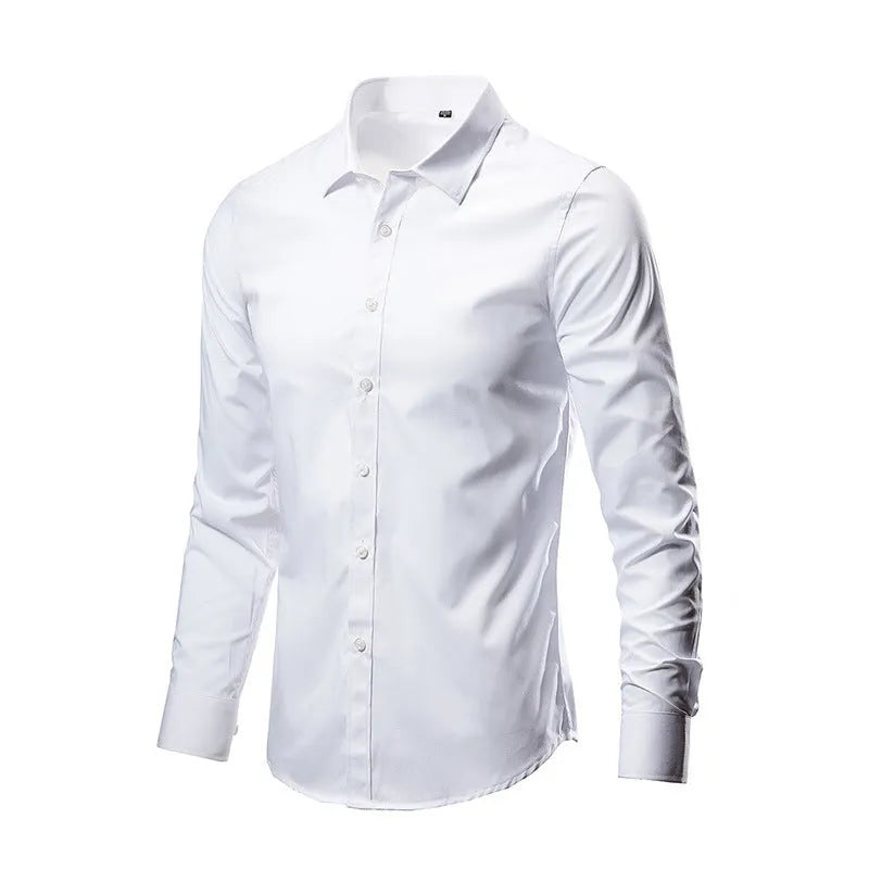 Man wearing a slim-fit long-sleeve linen shirt in a loose style, available in multiple colours.
