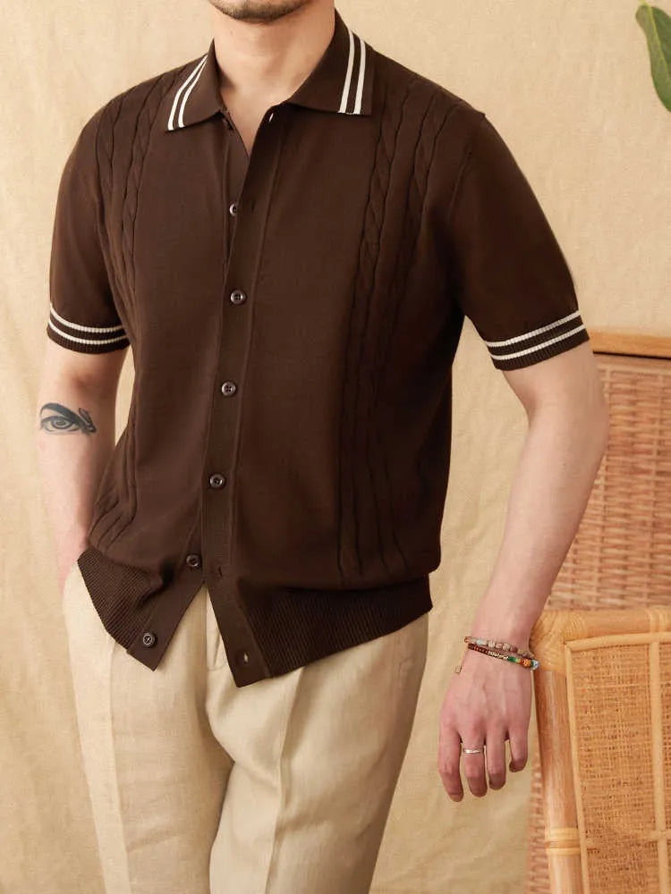 Men's apricot cotton-blended lapel polo shirt with short sleeves on a hanger.