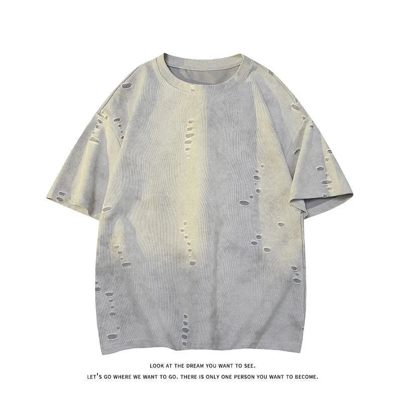 Men's loose fit cotton blend ripped short sleeve pullover in blue casual t-shirt style