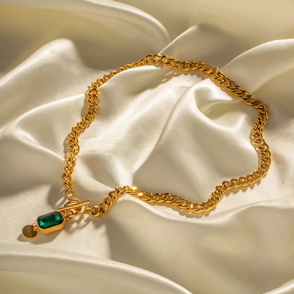 Gold geometric emerald zircon pendant necklace with Cuban link chain