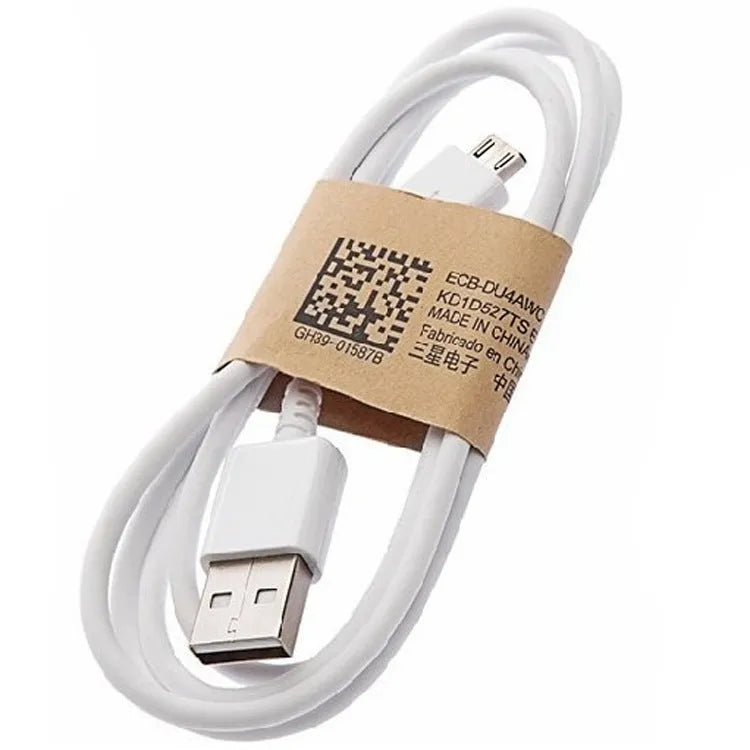 Black and white Android micro USB data and charging cable, 1 metre long with PVC insulation.