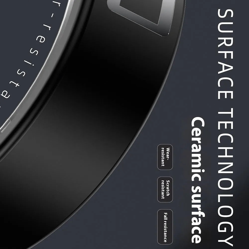 Black ceramic smart ring for health monitoring on a finger, showing heart rate and blood oxygen tracking.