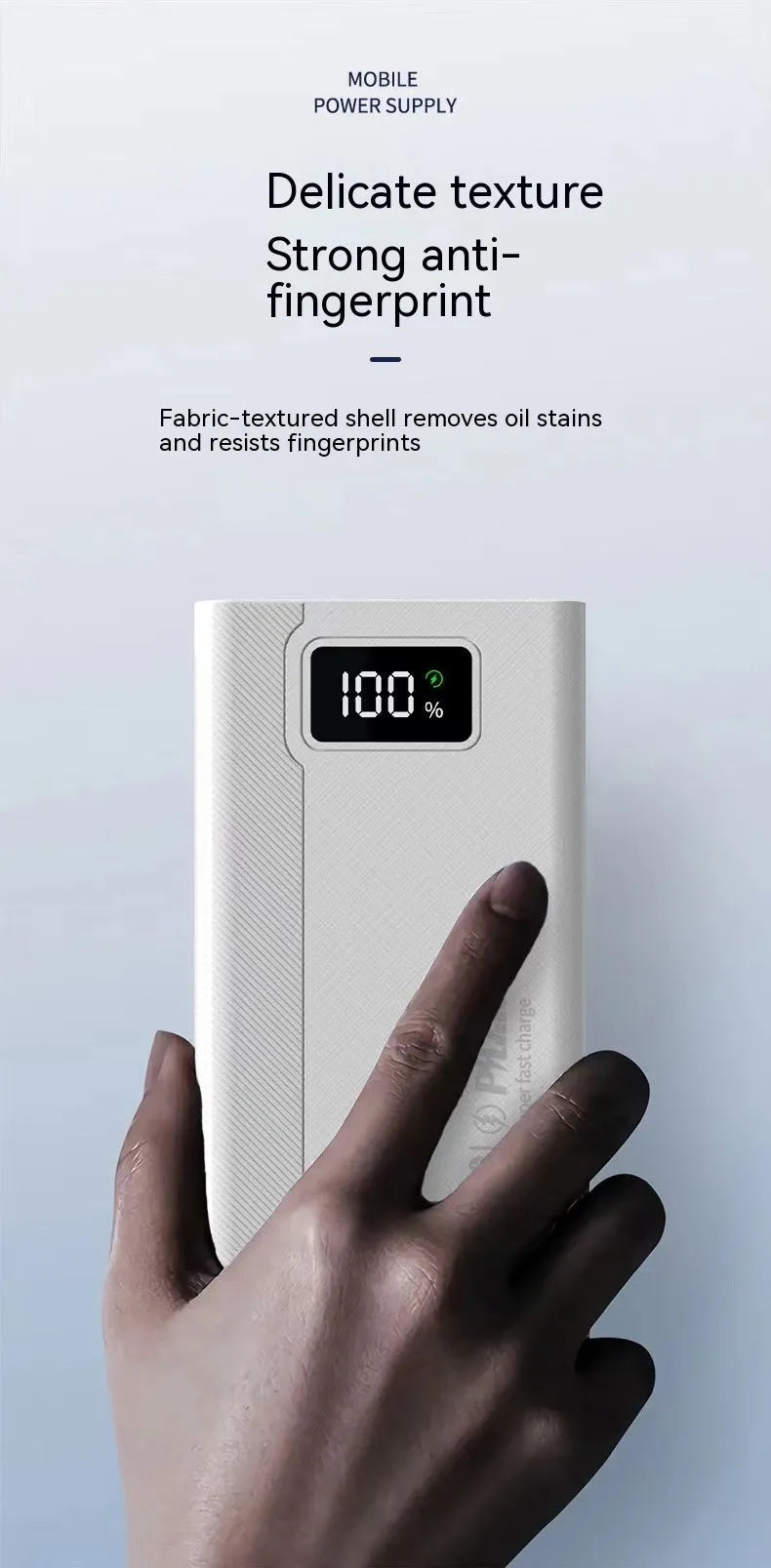 Large capacity power bank in black plastic shell showing front view with dimensions 150 x 76 mm