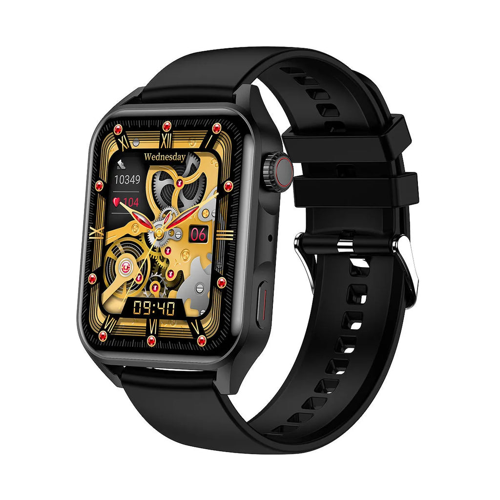 Smart watch with AMOLED display and silicone strap showing multiple watch face designs