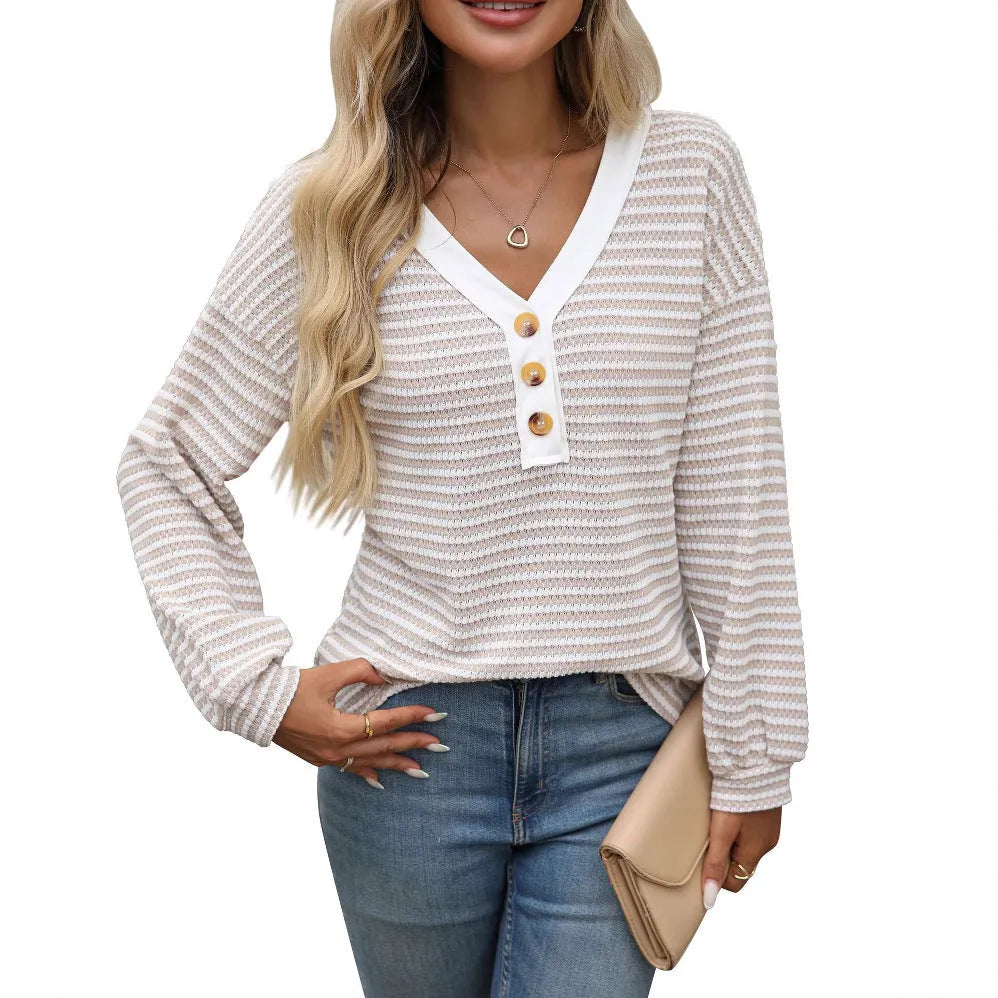 Women's patchwork V-neck pullover top in loose fit with long sleeves