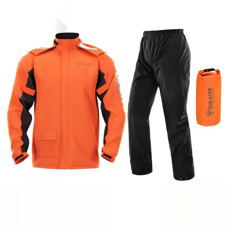 Adult motorcycle rain suit set including raincoat, trousers, and hidden shoe covers.