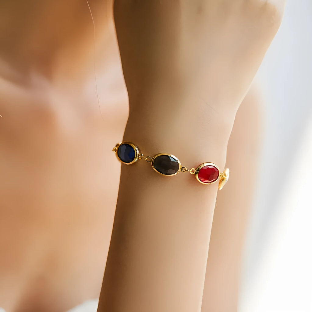 Geometric women's copper bracelet with glass inlay in blue, green, and multicolor options