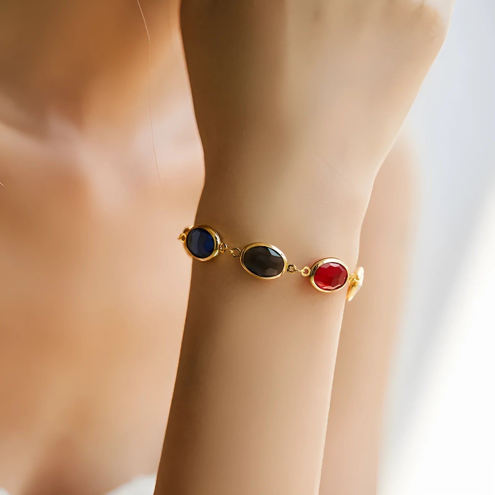 Geometric women's copper bracelet with glass inlay in blue, green, and multicolor options