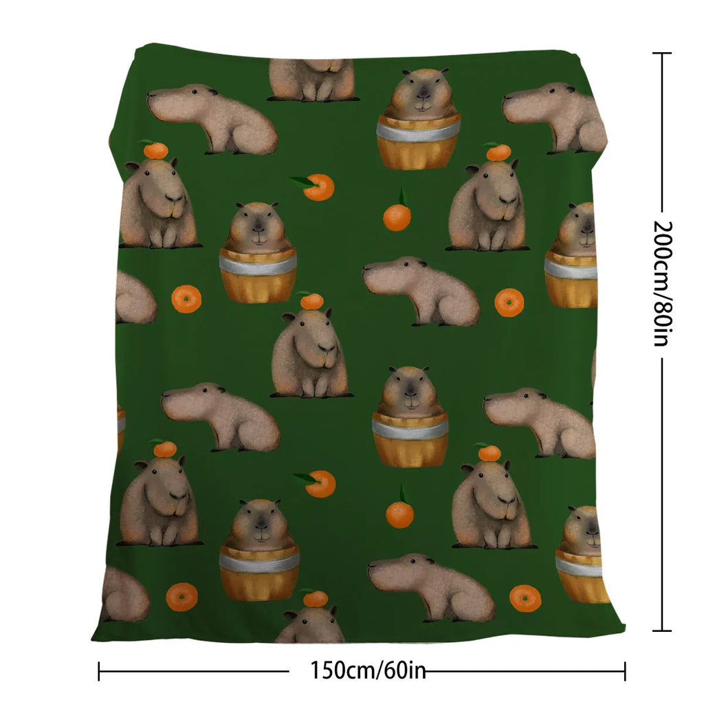 Flannel orange and capybara pattern soft fluffy multifunctional printed blanket on sofa