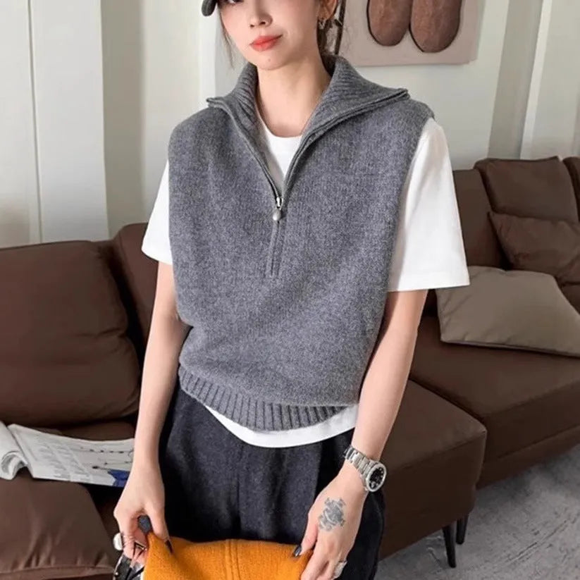 Retro half zip sleeveless knit vest in mesh polyester fabric with Japanese Korean casual styling