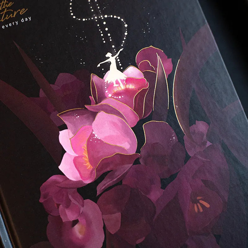 A5 notebook with luminous blue cover open to show colour illustration pages inside