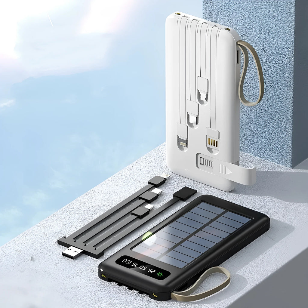 Solar power bank in black or white, showing front panel with solar cells and USB ports.