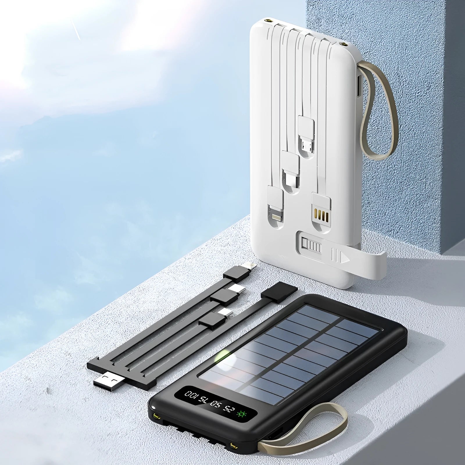 Solar power bank in black or white, showing front panel with solar cells and USB ports.