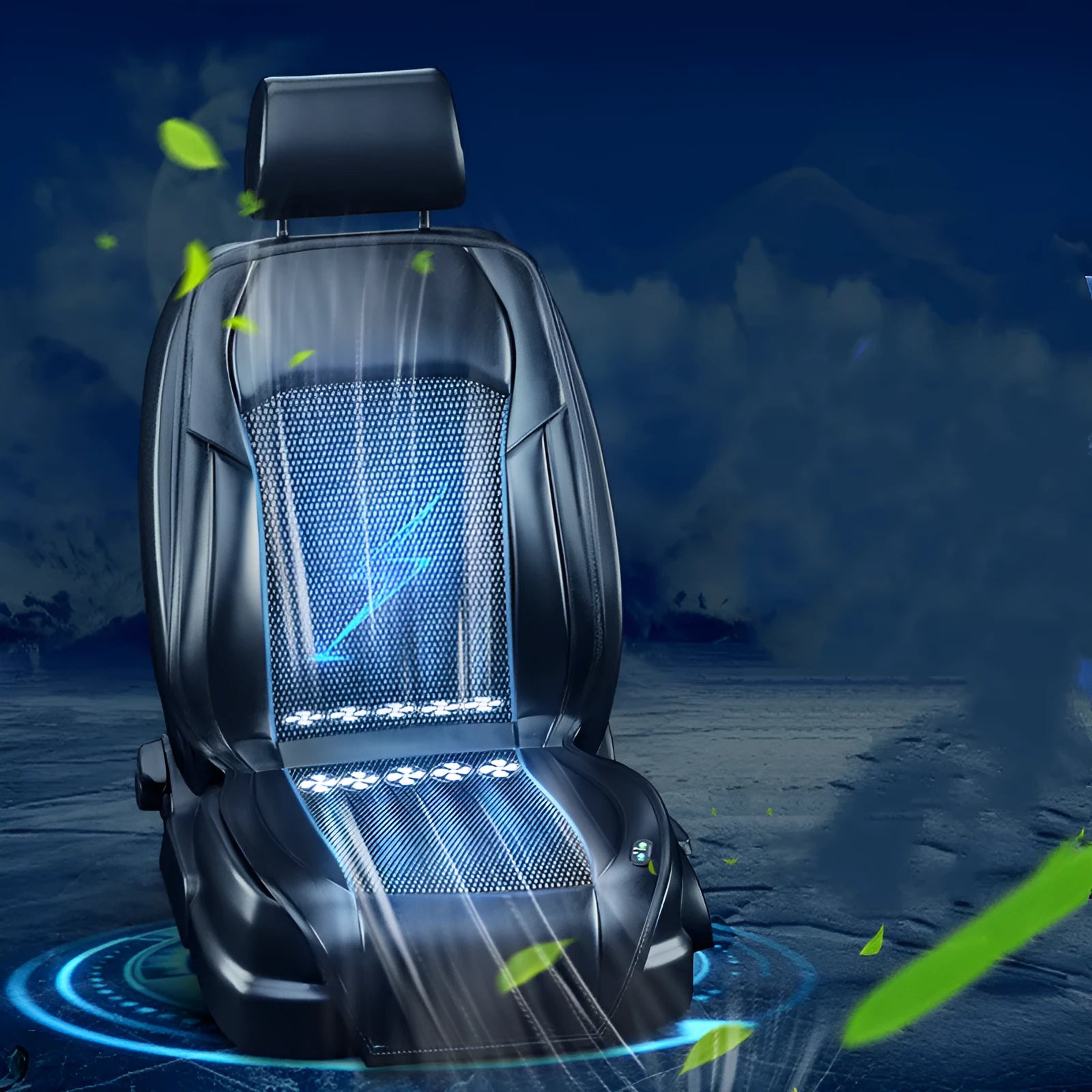 Car ventilated seat cushion with cooling fan connected to cigarette lighter socket in black colour