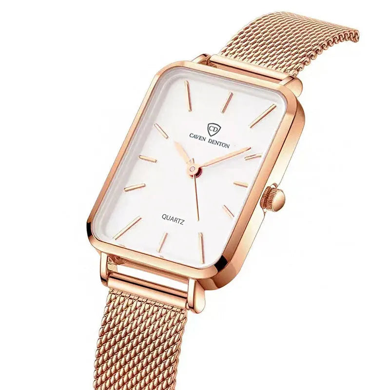 Women's rose gold or silver waterproof quartz watch with alloy case and woven steel strap.