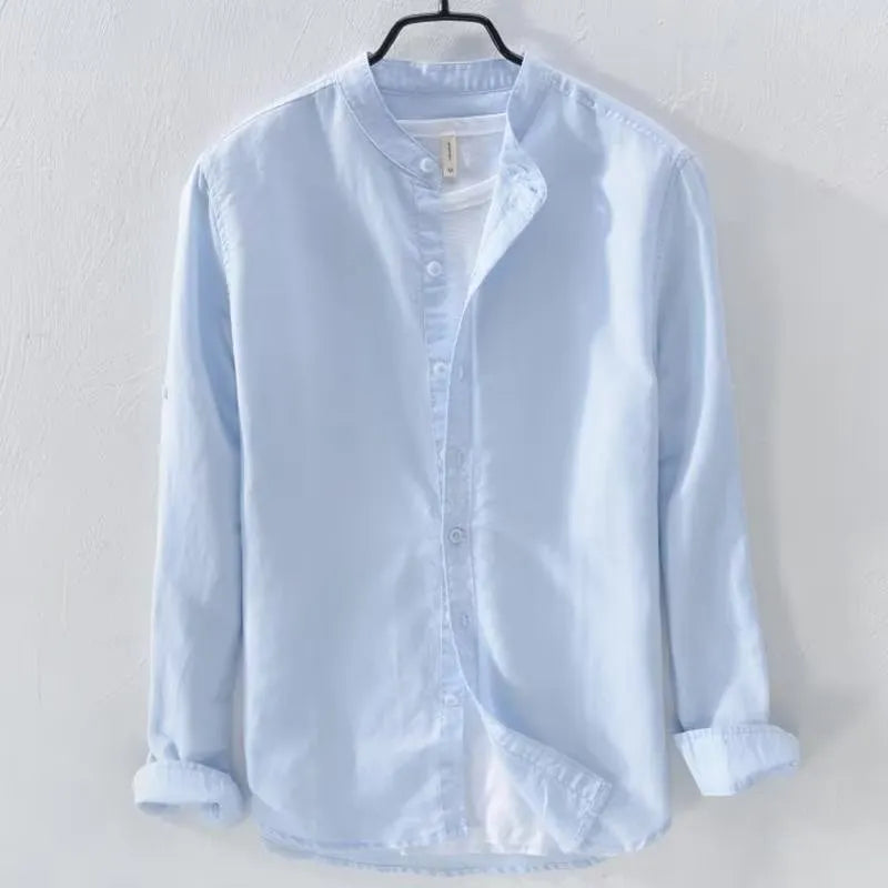 Loose fit cotton linen casual long sleeve shirt in solid colour options including dark blue, light blue, khaki, grey, and white