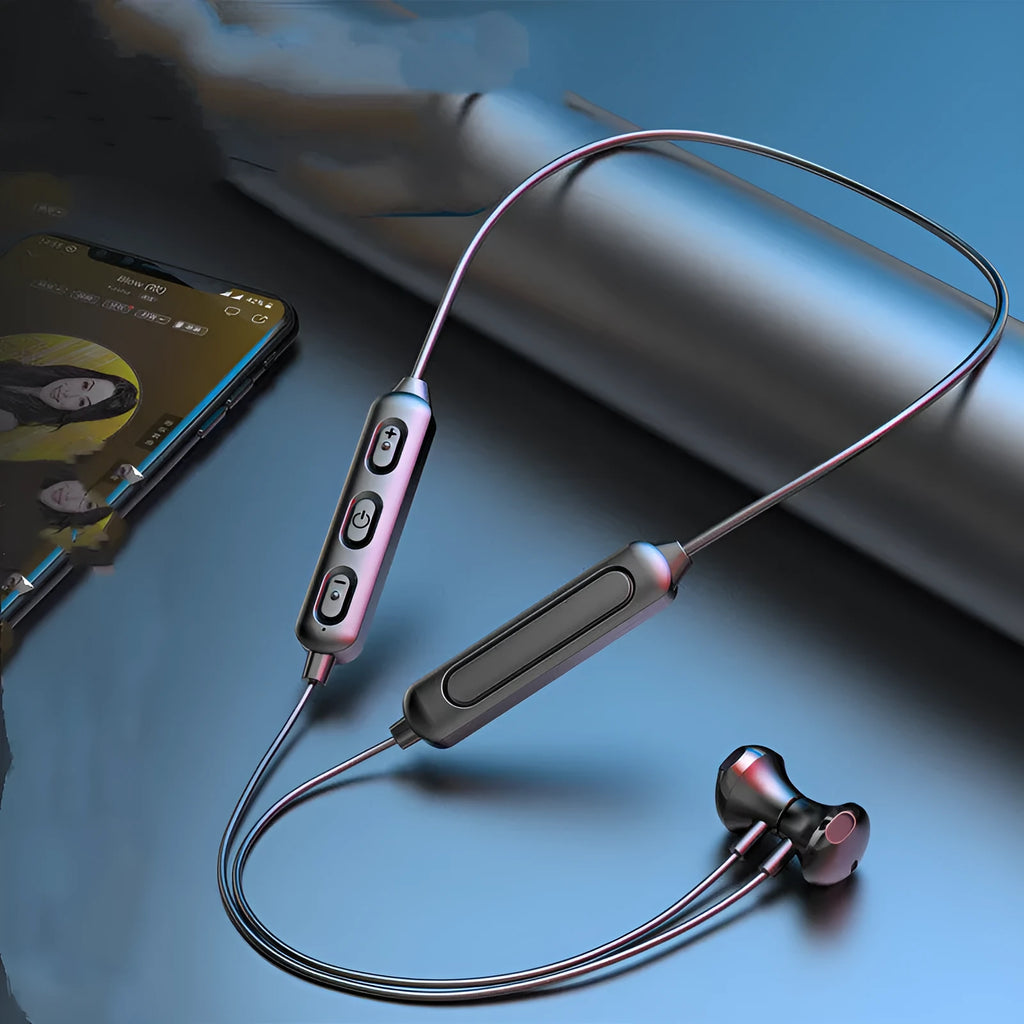 Black neck-mounted wireless sports earphones with custom logo printing support