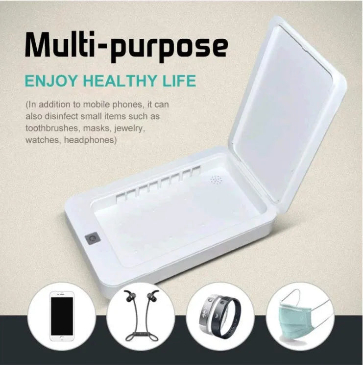 Blue UV light phone steriliser box with closed lid on a table, dimensions 205x120x35mm.