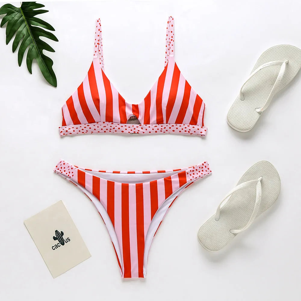 Women's black and white dot bikini and red and white stripe bikini set for swimming.