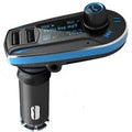 BT618C compact black car Bluetooth FM transmitter and MP3 player with LCD screen and USB port.