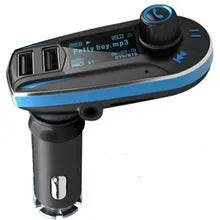BT618C compact black car Bluetooth FM transmitter and MP3 player with LCD screen and USB port.