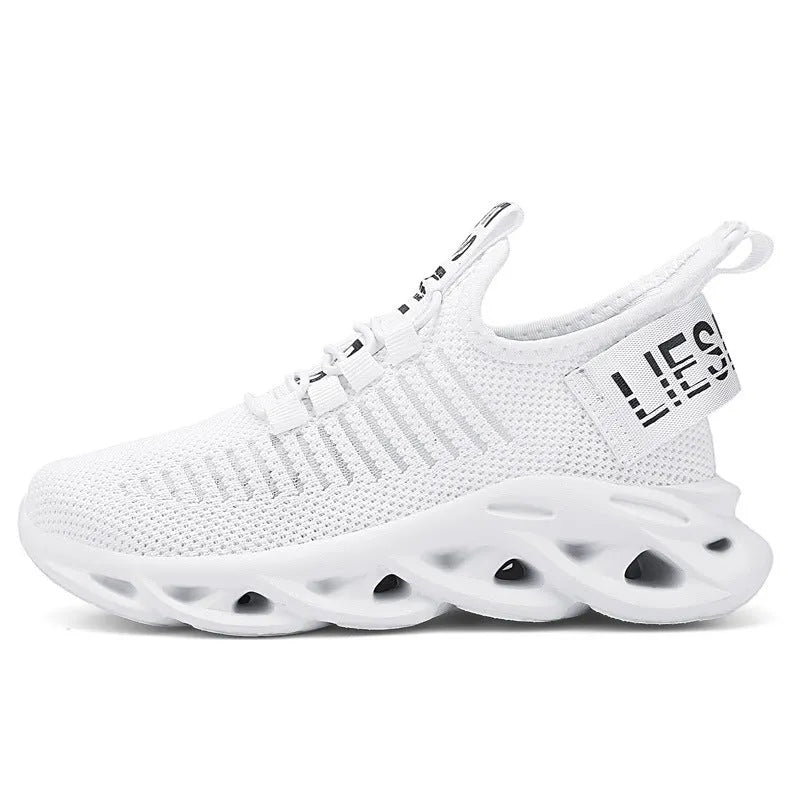 Children's casual sneakers with Velcro fastening in fabric and EVA, shown in black, khaki, and white colour options.