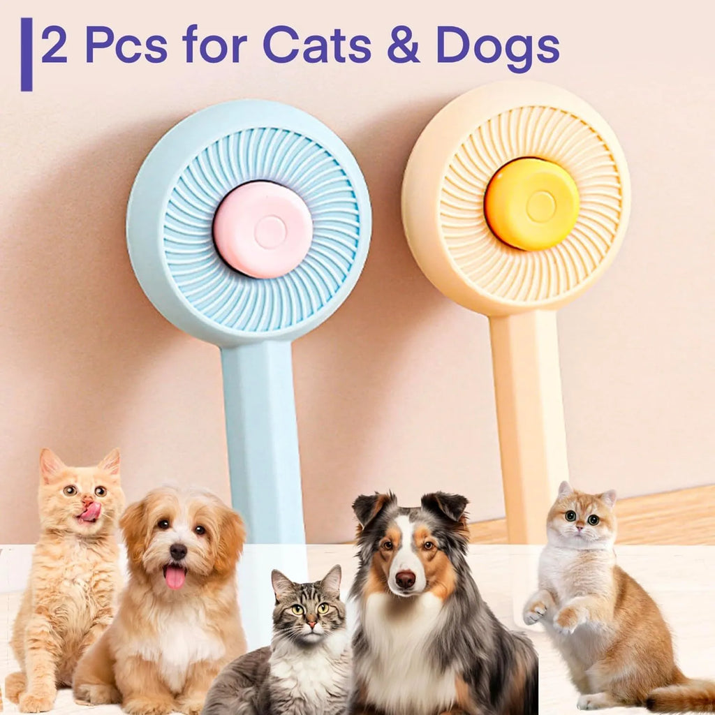 Blue pet grooming brush with metal needles and self-cleaning button for cats and dogs